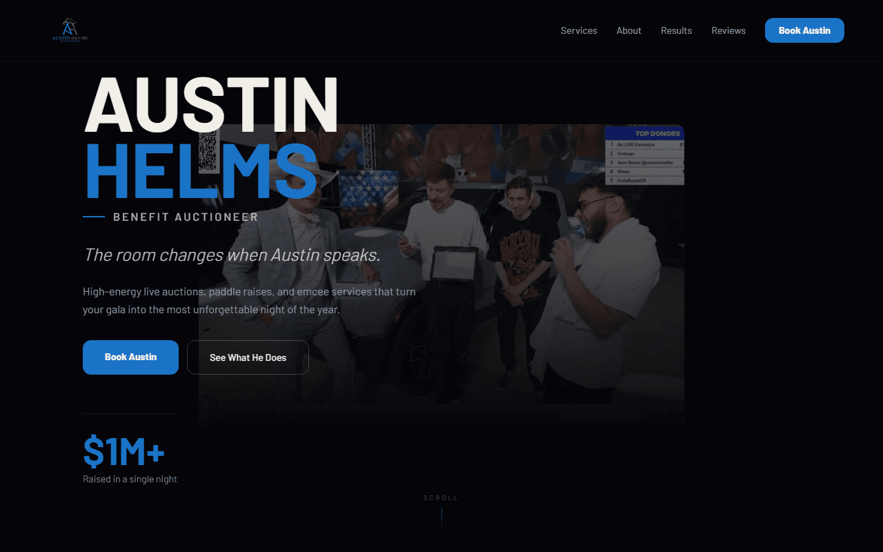Austin Helms benefit auctioneer website with cinematic hero photo and $1M+ raised stat