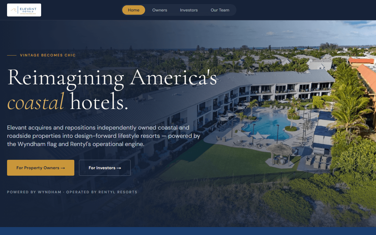 Elevant coastal hotel investment website with resort hero image and Wyndham partnership branding