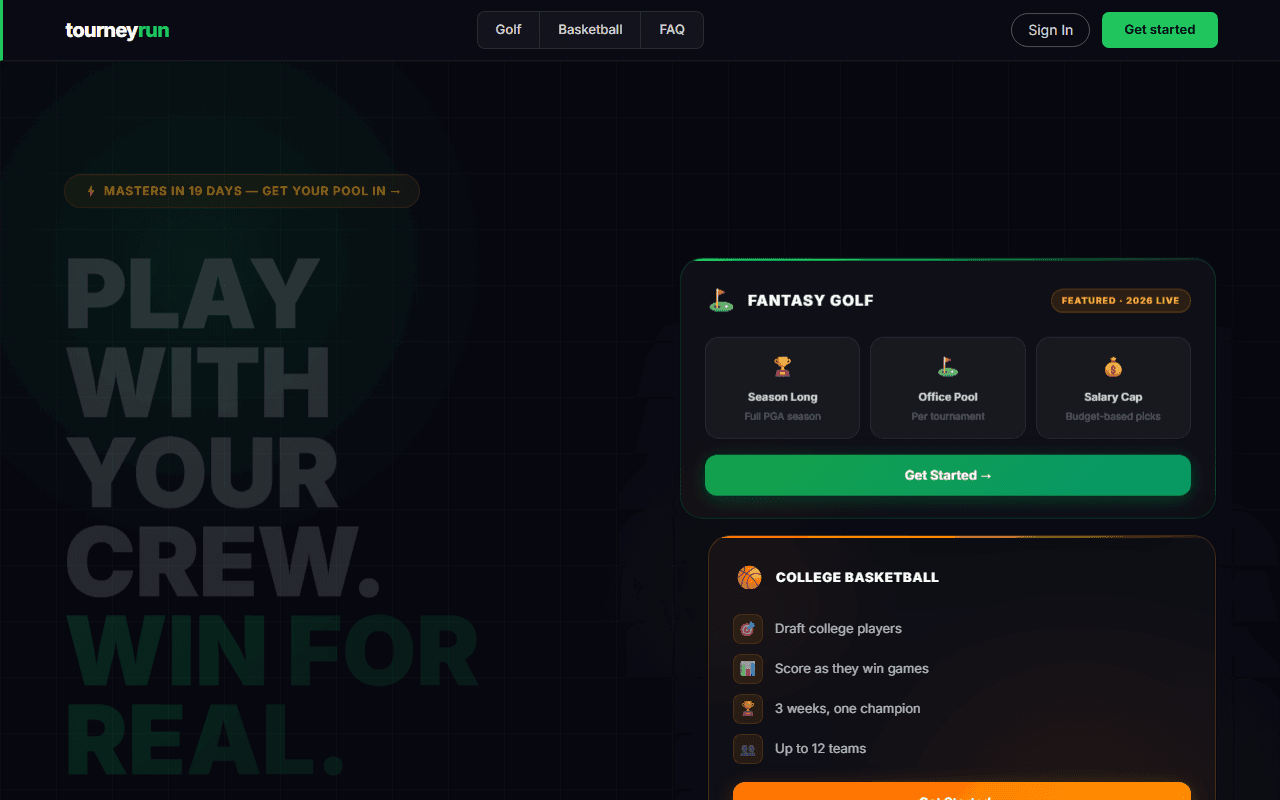 TourneyRun fantasy sports pool app with live leaderboard scoring and dark-themed dashboard