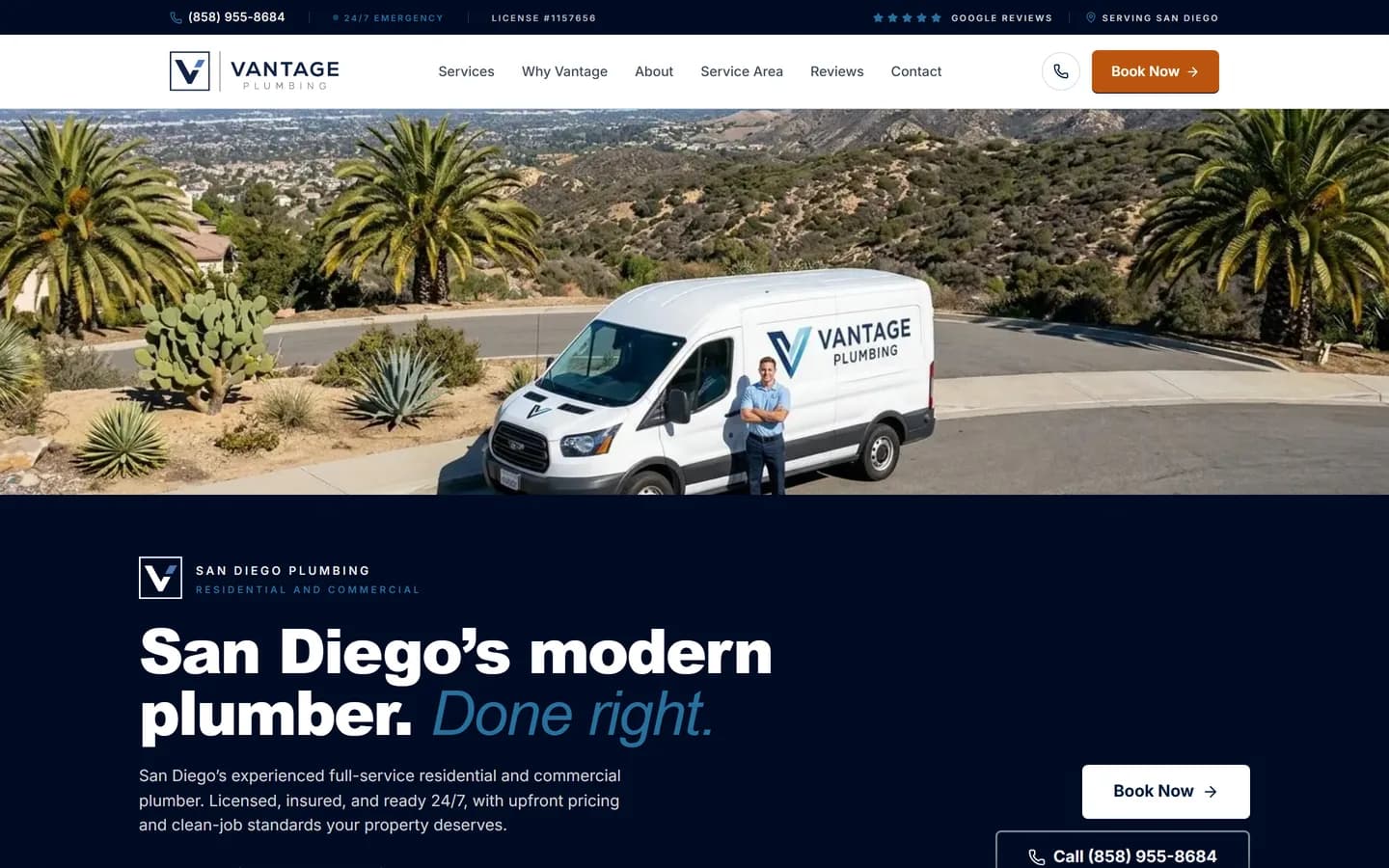 The Vantage Plumbing homepage, showing a photo of a branded service van parked above a San Diego canyon, then a navy panel with the headline San Diego's modern plumber. Done right, a copper Book Now button, and the tracked phone number in the top bar.
