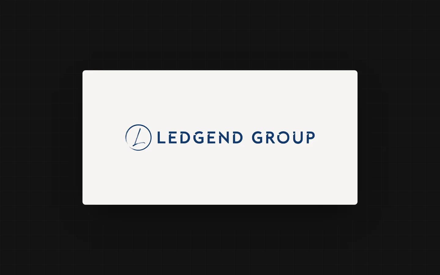 The Ledgend Group wordmark, a serif L inside a hand-drawn circle beside the firm name in navy, on a warm white card.