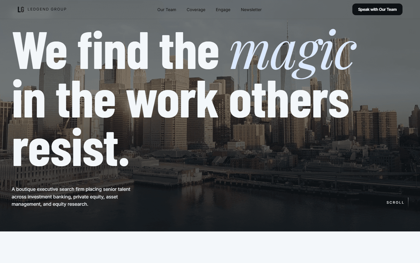 Ledgend Group executive search firm website with NYC skyline hero and editorial italic typography