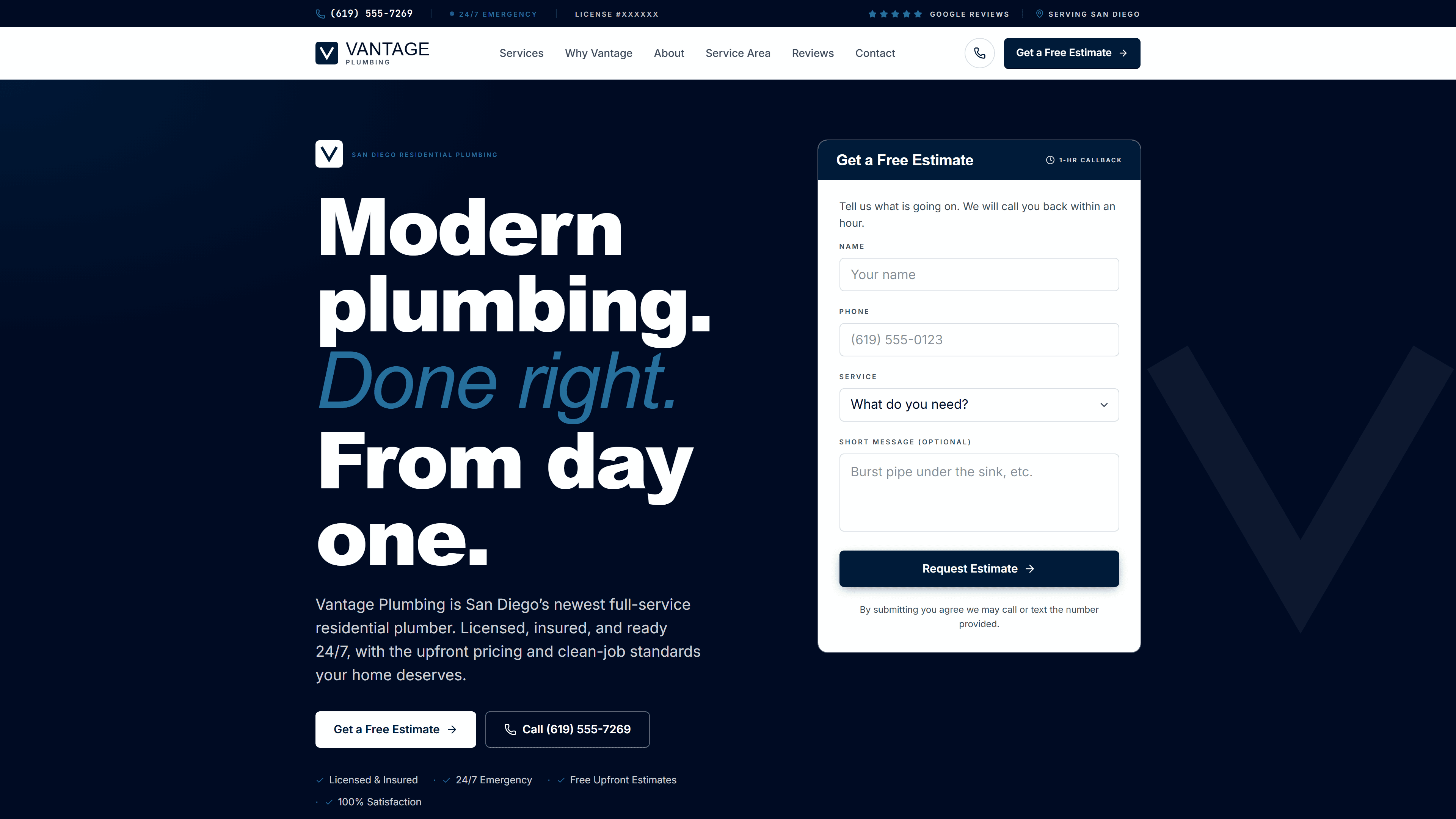 Vantage Plumbing San Diego homepage with massive Helvetica hero, navy monochromatic palette, and floating estimate form