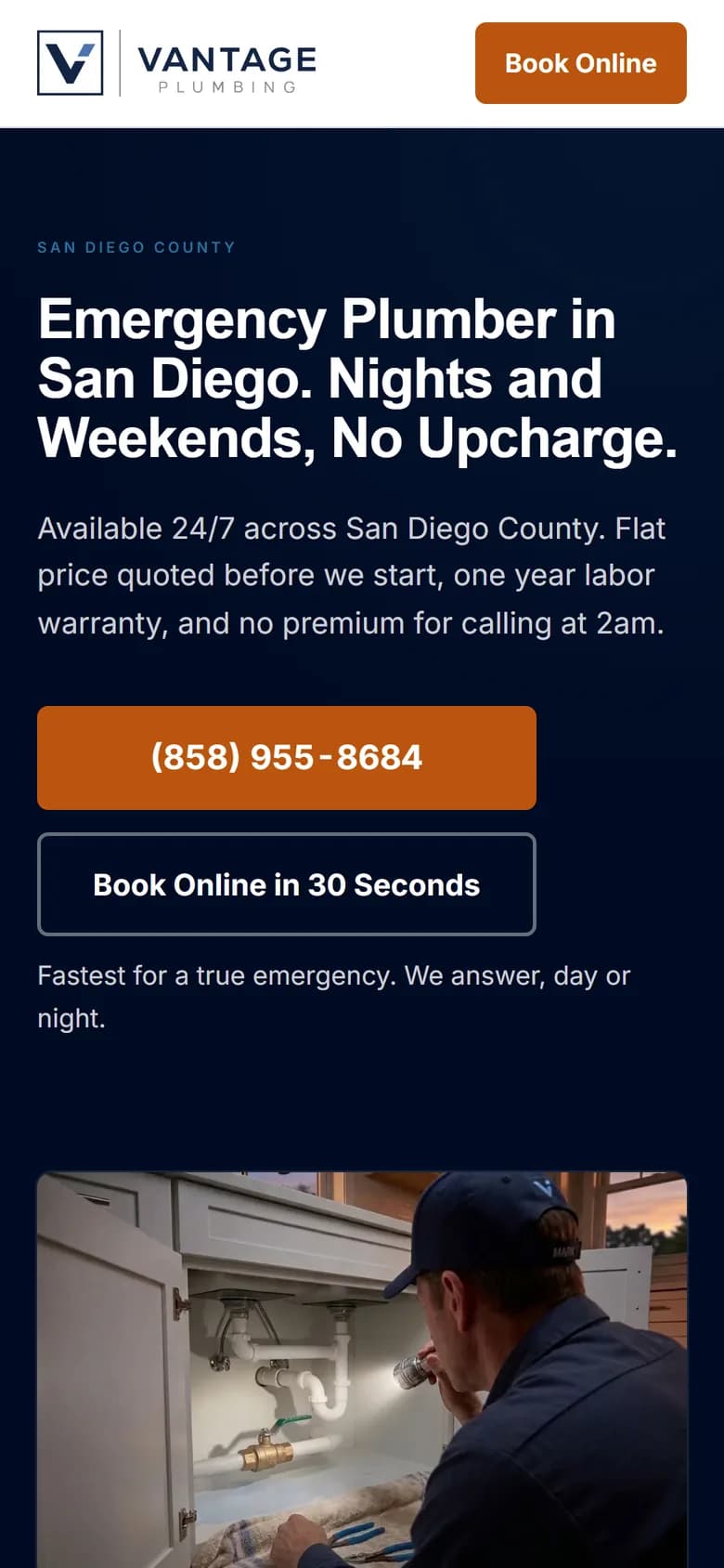 Vantage Plumbing's emergency plumber page on a phone, with a copper call button and Book Online in 30 Seconds