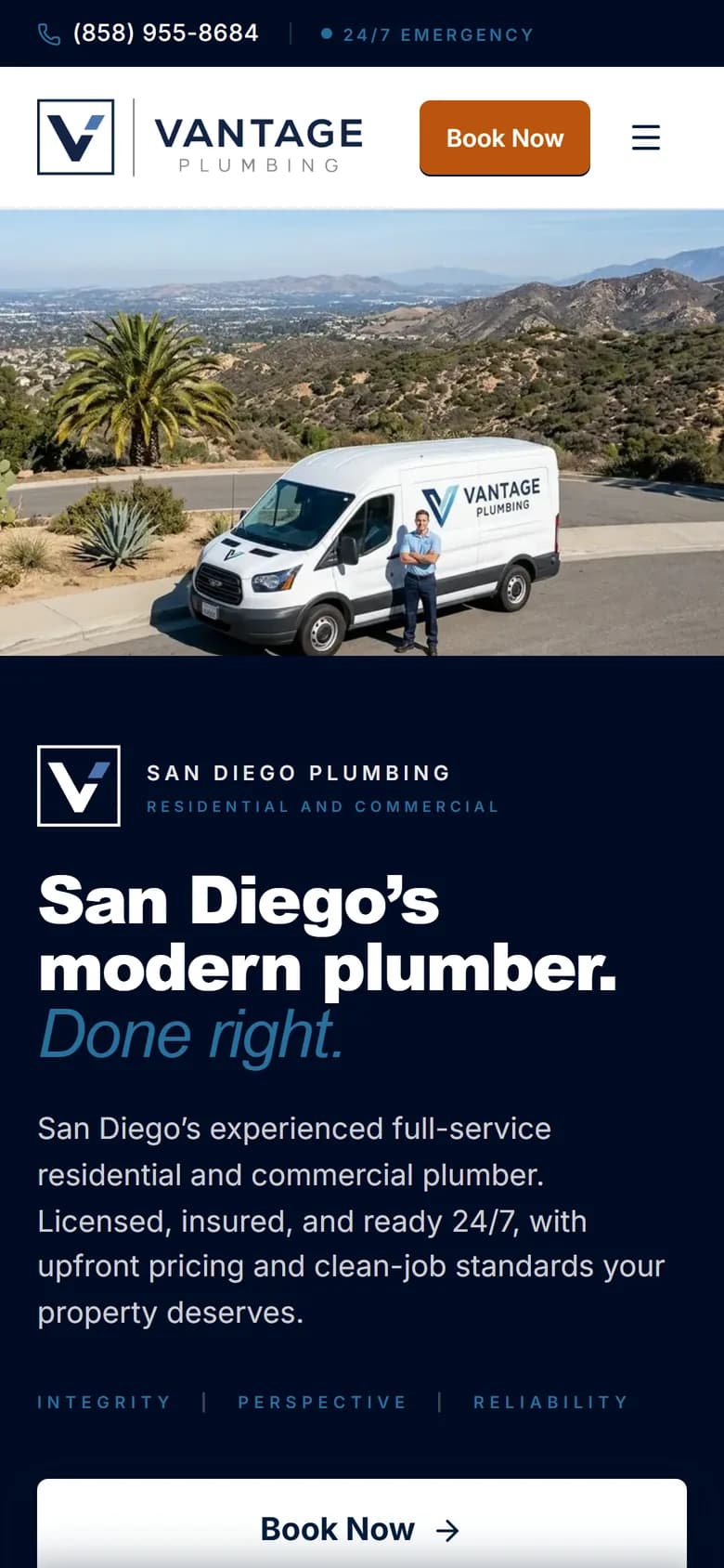 Vantage Plumbing homepage on a phone